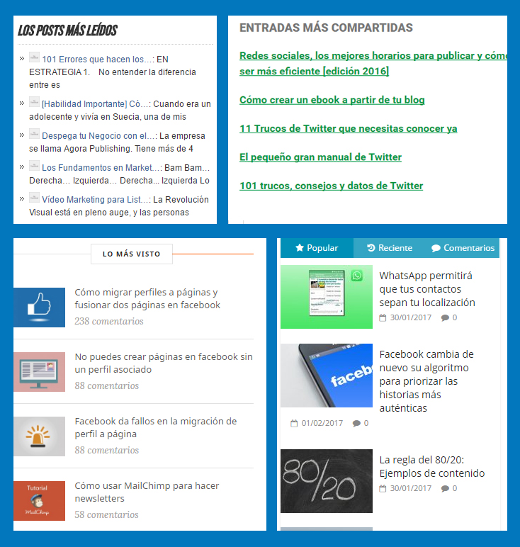 4 widgets de "lo más leído" de diferentes páginas de marketing online